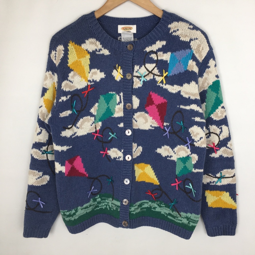 Talbots Vintage 90s Blue Cotton Linen Hand Knit Novelty Kite Cardigan Sweater